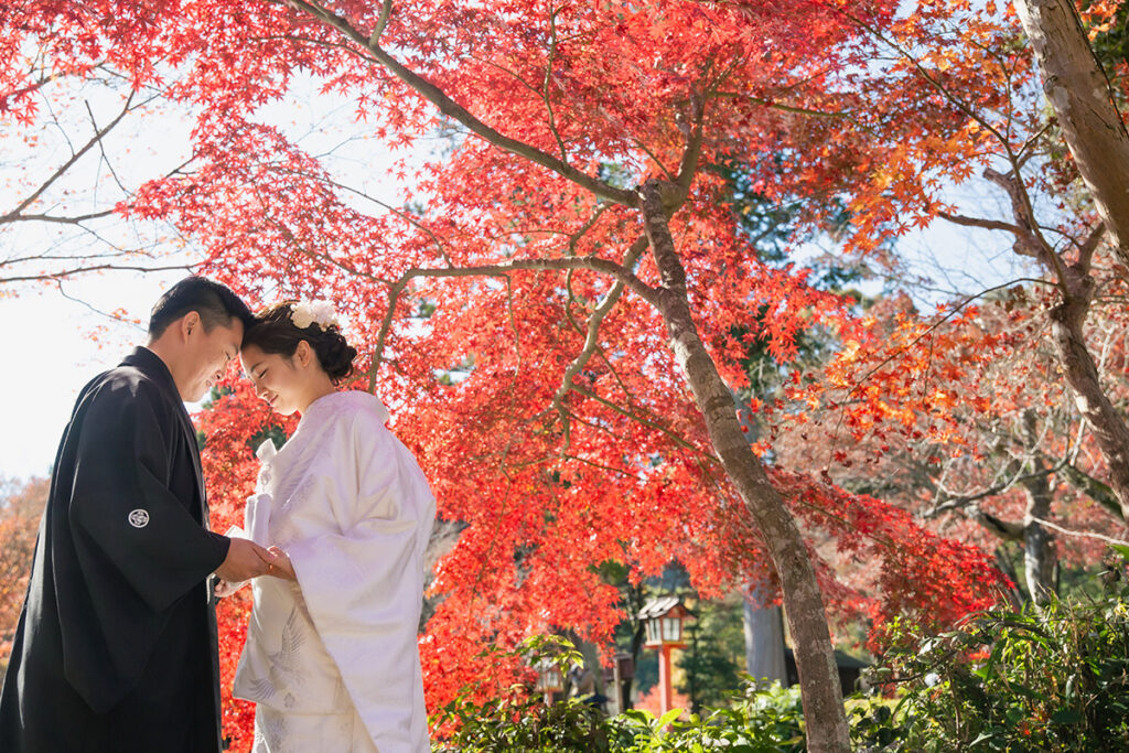 青空と真っ赤なもみじを背景におでこを合わせた新郎新婦